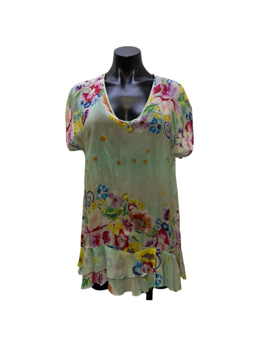 Johnny Was Silk Floral Print Tunic Blouse Green Multi S